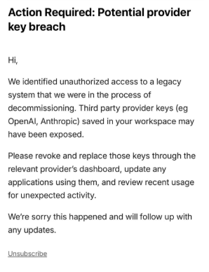Example email notifying users about a potential provider key breach